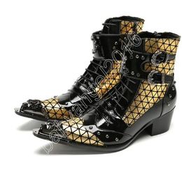 2023 Handmade Men's Shoes 6.5cm Heel Rock Gold Iron Toe Leather Ankle Boots for Men Lace-up Zip Punk Party,Wedding Boots Man