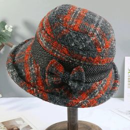 Wide Brim Hats Bucket Hats Woman's Hat Autumn And Winter Tweed Cap Hundred Knot Bow Cheque Basin Cap Rolled Edge Bucket Hat Salute 230408