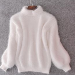 Women's Sweaters Fall Winter Sweater Korean Style Lantern Sleeve Imitation Mink Velvet Half High Neck Loose Solid Pullover WomenWomen's