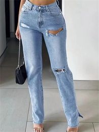 Women's Jeans 2023 Fashion High Waist Y2K Retro Women Straight Bottom Split Casual Femme Ripped Hole Loose Vintage Denim Pants