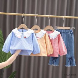 Giyim Setleri Sonbahar Uzun Kol Kıyafetleri Moda Kız Giyim 1 2 4 5 Yıl Çocuk Bebek Yaka Ekose Top + Pantolon Bebek Elbaşları