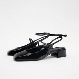 Sandals Womans Patent Leather Flats Shoes Sexy Squared Toe Flat Office Lady Block Heel Women Ankle Strap Slingbacks 230406