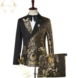 Mens Suits Blazers SZMANLIZI Double Breasted Black Gold Floral Jacquard Slim Fit Wedding Groom Tuxedos Party Jacket Pant Terno Masculino 231109