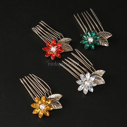 Retro Rhinestone Flower Hair Comb Exquisite Leaf Pearl Hairpins Women Wedding Headdress Ancient Style Hair Accessories Gifts