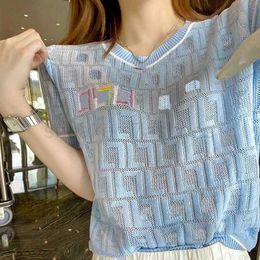 Letter FF fendyity Summer Quality Designer Full High Blue Fashion Hollow Out F Knit Tee Women's T-Shirt Short Sleeve Tees