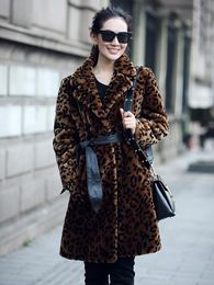 Women's Fur & Faux Winter Leopard Print Long Jackets Coats Belt Elegant Thick Warm Female Plush Streetwear 2023 Fashion Clothing