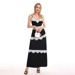 Casual Dresses Lace Patchwork Black Party Long Dress For Women Vintage Spaghetti Straps V Neck Wrap Bodycon Backless Gown Vestidos