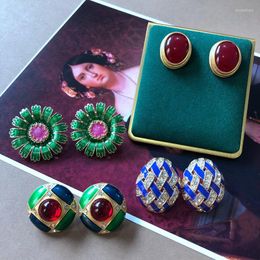 Stud Earrings Colourful Enamel Flower Brincos Rhinestone Jewellery Party Office