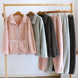 Women's Sleepwear Thicken Flannel Pyjamas Sets Women And Men Couples Simple Winter Keep Warm Coral Velvet Long-sleeve Pyjamas