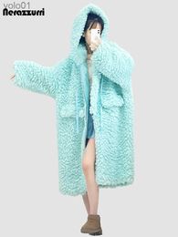 Women's Fur Faux Fur Nerazzurri Winter Long Oversized Thick Warm Cute Sweet Lovely Bright Blue Fuzzy Fluffy Faux Fur Coat Women Sashes Furry OvercoatL231109