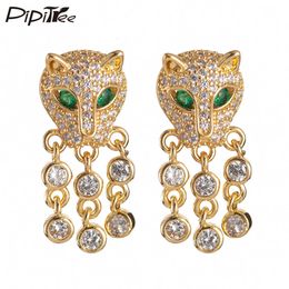 Stud Pipitree Vintage AAA Cubic Zirconia Charm Leopard Head Animal Earrings Women Jewellery Luxury Tassel Copper Zircon Stud Earrings 231108