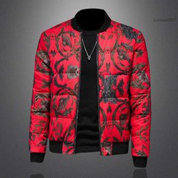 Handsome Plus Size Casual Jacket Flower Graffiti Winter Coat Trend Short Shiny Stand Collar Lightweight Top