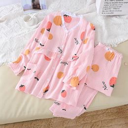 Women's Sleepwear Mother Breast-feeding Pajamas Set Korean Style Cotton Washed Crepe Fruit Thin Confinement Clothes V Neck Lace Nursing