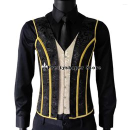 Men's Body Shapers Abdomen Corset Vest Vintage Waistcoat Floral Print Shaping Lace Up Boned Tanks Tight Tops Wedding Party Costume