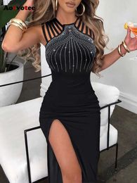 Spaghetti Strap for Women New Fashion Elegant Sleeveless Summer Dress Chic Slim Split Black Evening Dresses