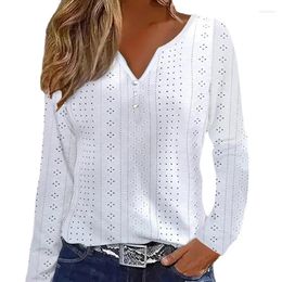 Women's Blouses White Pullover Shirt Office Lady V-Neck Button Tops 2023 Autumn Women Fashion Hollow Out Long Sleeve Blouse Elegant Loose