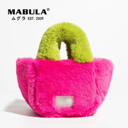 Evening Bags MABULA Purple Yellow Winter Faux Fur Top Handle Purse for Women Trend Small Basket Crossbody Bag Fashion Square Handbag 231108