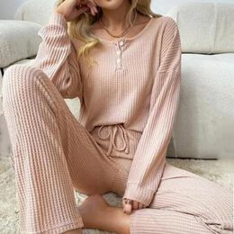 Women's Two Piece Pants Women Pyjamas Lounge Set Vintage Waffle Fabric O-neck Button Long Sleeve Tops and Lace-up 2 Loungewear Outfits