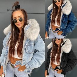 Women's Jackets Streetwear Removable Fur Collar Thick Short Denim Coat Women Winter Warm Big Pocket Jean Jacket Loose Single Breasted Tops Coat 231108