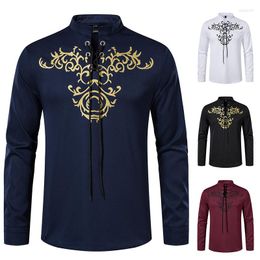 Men's Casual Shirts 23 Spring And Autumn Amazon Men's Henry Neck Print Long Sleeve Mediaeval Shirt European