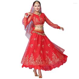 Stage Wear Women Dance Sari Belly Adult Bollywood Dress Costume Outfit Performance Clothes Chiffon Long Sleeve Top Belt Skirt