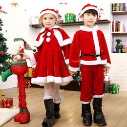 Cosplay barn barn julklänning jultomten kostym baby x-mas kläddräkt set klänning/panttopshatcloakbelt för pojkar flickor 231109