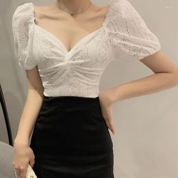 Women's Blouses Lucyever Sexy Lace V-neck Blouse For Women Elegant Hollow Out Puff Short Sleeve Shirts Tops Woman Black White Slim Fit