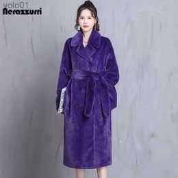 Women's Fur Faux Fur Nerazzurri Winter Oversized Purple Warm Fluffy Soft Faux Fur Coat Women long Sle Belt Ruy Loose Casual Korean Fashion 2021L231109