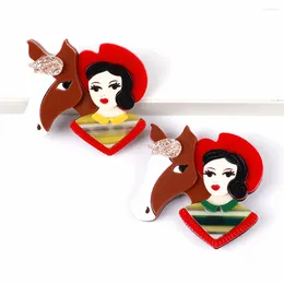 Brooches Acrylic Horse And Lady Brooch Pins Cute Cartoon Beauty Cowgirl Figure Badges For Women Causal Jewellery Accessories