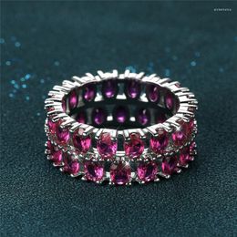 Wedding Rings Luxury Female Rose Red Crystal Oval Stone Ring Double Row Zircon Engagement Classic Silver Colour For Women