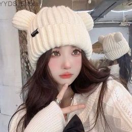 Beanie/Skull Caps Women Solid Colour Knitted Cute Bear Ears Wool Hat Adult Soft Plush Thicken Outdoor Ear Protection for Warmth Hat Female Hat YQ231108
