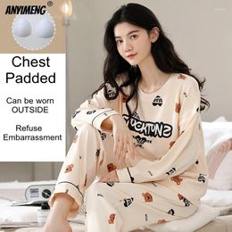 Women's Sleepwear Chest Padded M-5XL Spring Autumn Long Sleeves Women Pajamas Cotton Korean Pijamas Girls Homewear Plus Size Nightwear