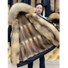 Men's Fur Faux Natural Muskrat Coat Men Plus Size Jacket Winter Fashion Hooded Warm Parka Big Raccoon Collar 231108