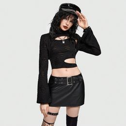 Women's T-Shirt Black Ripped Midriff Long-Sleeved Vintage Fashion T-Shirt