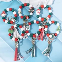 Keychains 1PCS Christmas Silicone Beads Santa Claus Elastic Bracelets Keychain Key Rings For Women Gift Wrist Bangles Wholesale