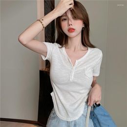 Women's T Shirts Women Cotton Elastic Basic T-shirts Short Sleeve V Neck Sexy Lady Tees Summer White Top Slim Fit Street Wear Korea Style