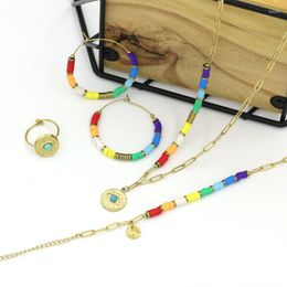 Necklace Earrings Set Stainless Steel Golden For Women Soft Ceramics Chain Eye Style Pendant Choker Earings Ring 2023 Trendy Jewelry