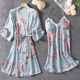 Women's Sleepwear Women Kimono Robe Gown Print Flower Sexy Bathrobe Set Summer Chemise Nightgown V-Neck Lace Loungewear Loose Home Dressing