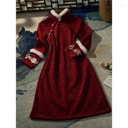 Ethnic Clothing 1Pc Winter Chinese Style Traditional Embroidery Thickened Long Sleeves Cheongsam High End Temperament Vintage Elegant Dress