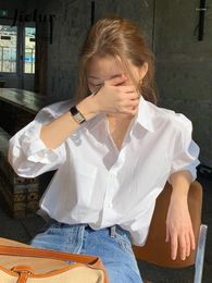 Women's Blouses Office Lady Simple Long Sleeve Shirts White Korean Style Single Breasted Chic Pockets Buttons Streetwear