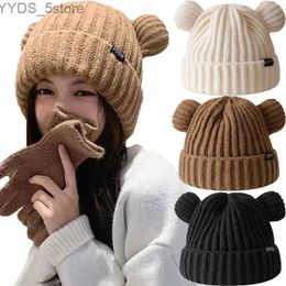 Beanie/Skull Caps Y2K Bear Ears Thicken Hats Women Soft Harajuku Plush Ear Head Protection Cute Knitted Korean Wool Caps Cool Girl Handmade Beanie YQ231108