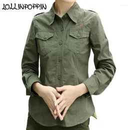 Women's Blouses Military Style Women Army Green Shirt With Epaulettes Long Sleeve Turn Down Collar Ladies Embroideried Casual Shirts