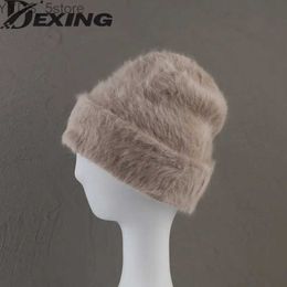 Beanie/Skull Caps 2022 Angora Rabbit Fur Winter Hat for Women Knitted Fluffy Beanie Ladies Fashion Warm Plush Skull Women's Thick Fleece Hats YQ231108