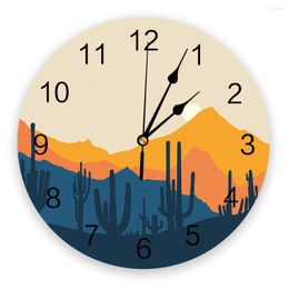 Wall Clocks Cartoon Mountains Cactus Desert Sun Clock Round Style Fashion Modern Design Home Living Room Bedroom Decoration