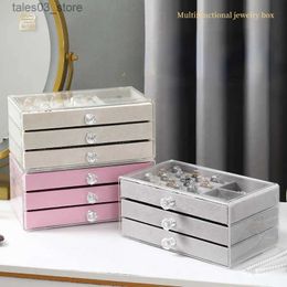 Jewellery Boxes Three Layer Velvet Jewellery Storage Box Grey Carrying Case with Glass Cover Jewellery Ring Display Box Organiser Earrings Showcase Q231109