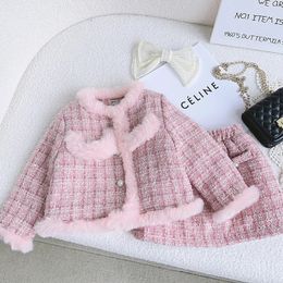 Clothing Sets Girls' Suit Winter Girls' Small Fragrance Style Cotton Long Sleeve Jacket Skirt Two-piece Set Skirt Sets Kids Clothes 231108
