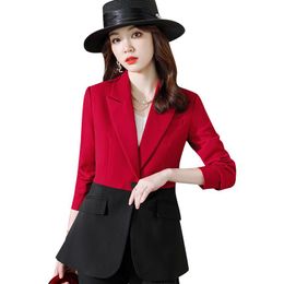 Women's Suits & Blazers Fashion Ladies Red And Black Patchwork Blazer Women Jacket Long Sleeve Work Wear Business Beautician Office Uniform