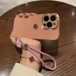 Luxury Designer iPhone 15 Case Camellia with Lanyard Metallic touch for iphone 11 12 13 14 15 Pro max Cover Leather case best gift for lady