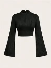 Women's Blouses Casual Black Mock Neck Flare Long Sleeve Crop Top Women Fall Winter Y2K Clothes Solid Color Slim Fit Tee Shirt Blouse