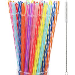 Disposable Cups Straws 20pcs Mix Colours Spiral Stripes Hard PP Plastic Straw Reusable Drinking Straws with Cleaning Brush for Tumbler Jar 230mm Long 231109